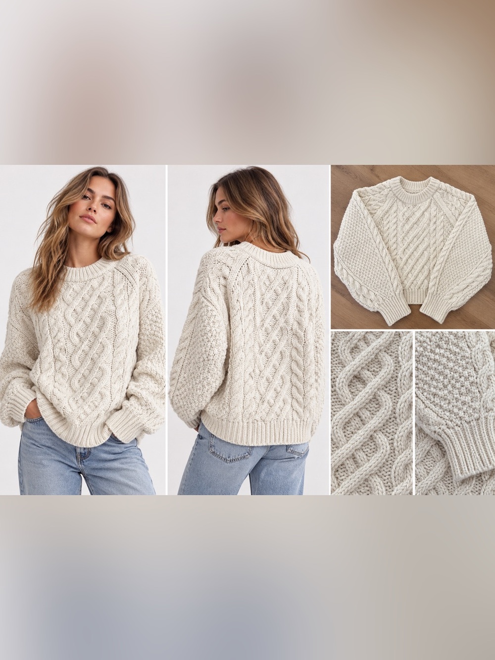Soft Chunky Cable-Knit Sweater H&M - Cream, Oversized Fit, Women’s Size L